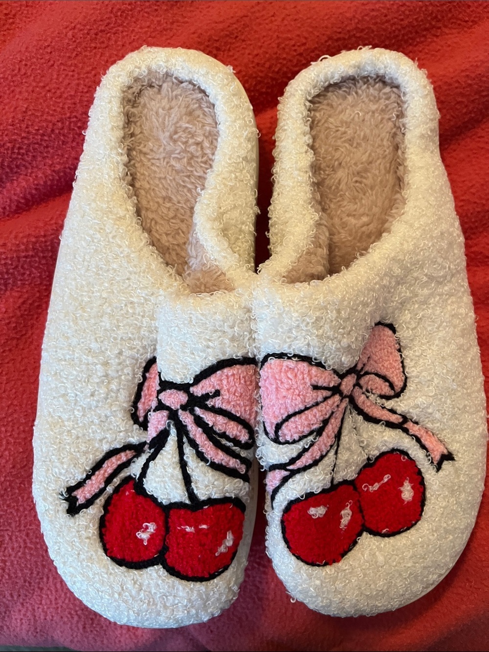 Cream Cherry Bow Women's Slippers - Soft Plush Slip-Ons
